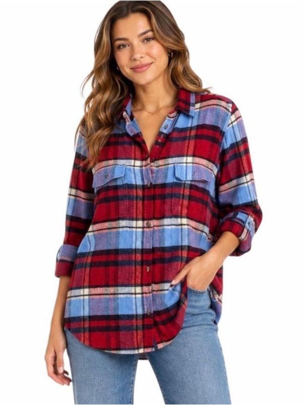 American Eagle Flannel Shirt Slim Fit Women's XL Red Blue Button Up Long Sleeve